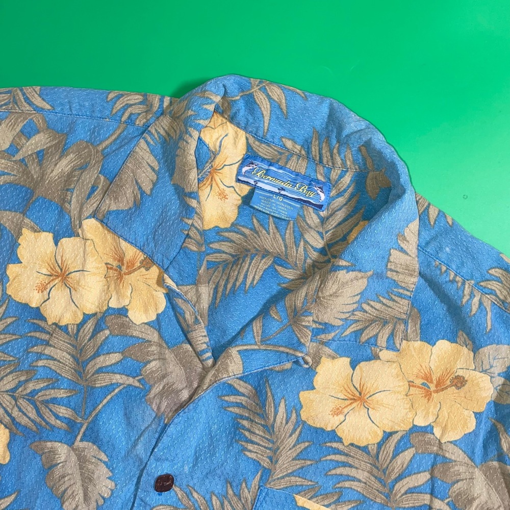 Bermuda Bay Silk Hawaiian Shirt Men's Large Floral Button Up‎ Short Sleeve